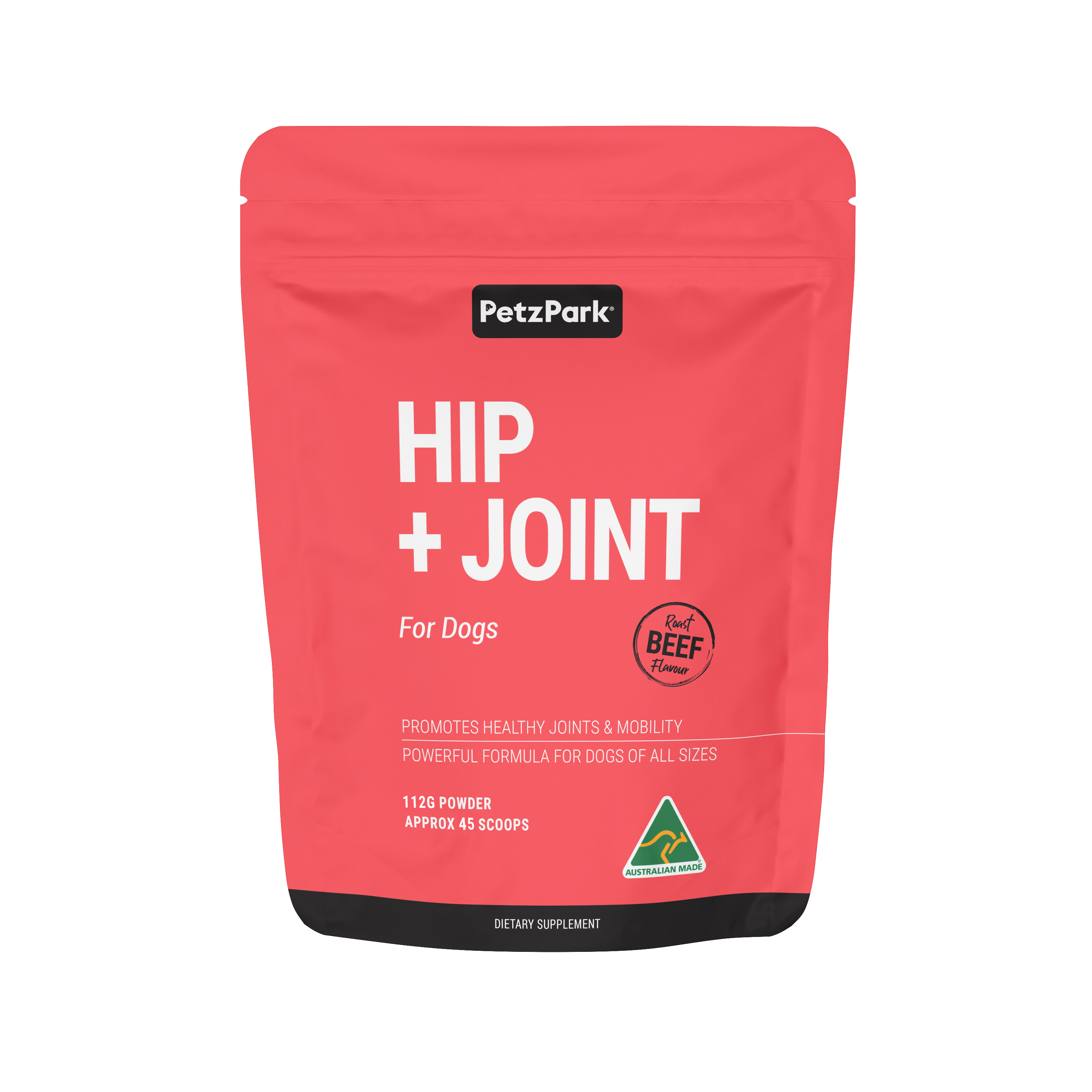 Petz Park’s Hip + Joint for Dogs, roast beef flavored powder supplement for dog’s arthritis, hip dysplasia & growing pains.